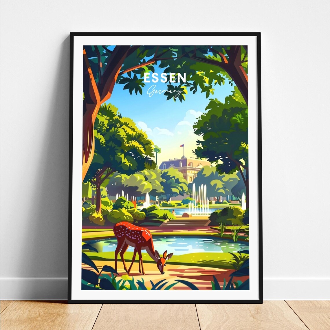 Essen Germany Park Fountain Deer Sunny Garden View Art Poster