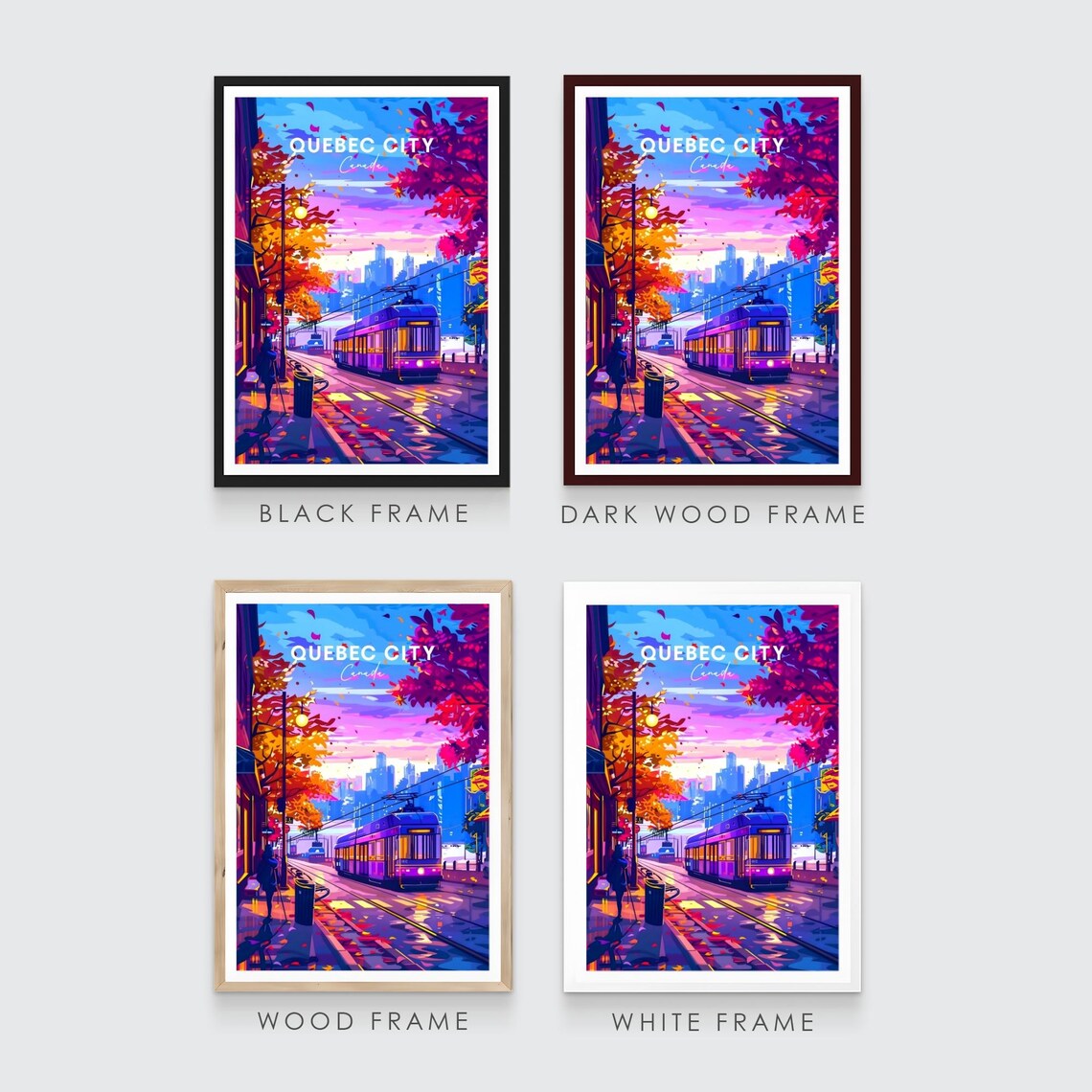 Quebec City Canada Tram Dusk Neon Street Autumn Leaves Poster - Image 3