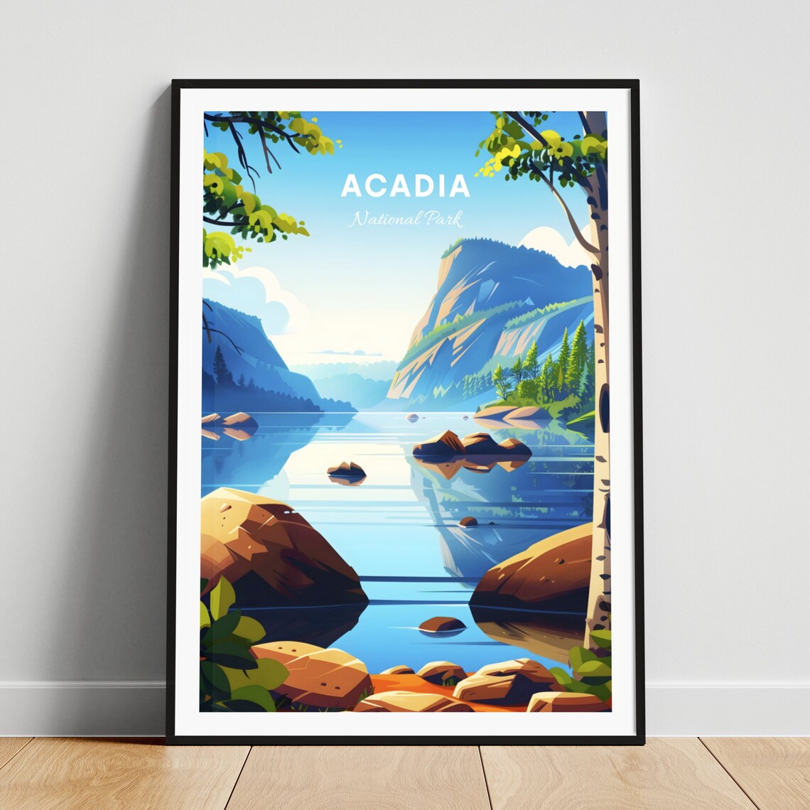 Acadia National Park Calm Lake Boulders Rocky Cliffs Travel Poster