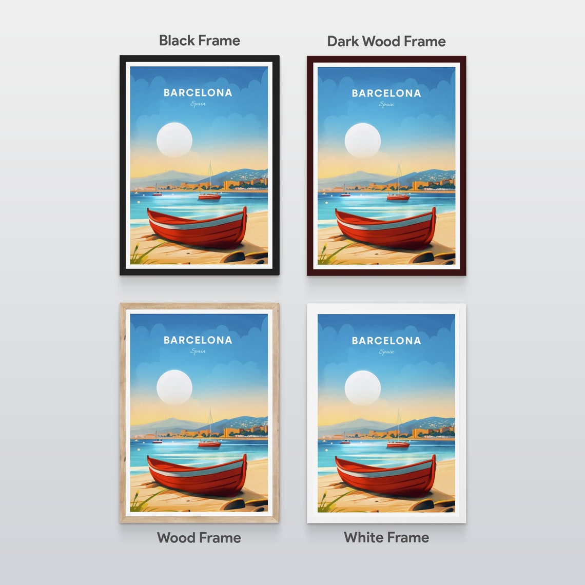 Barcelona Spain Beach Red Rowboat Harbor Sunset Coast Poster - Image 2