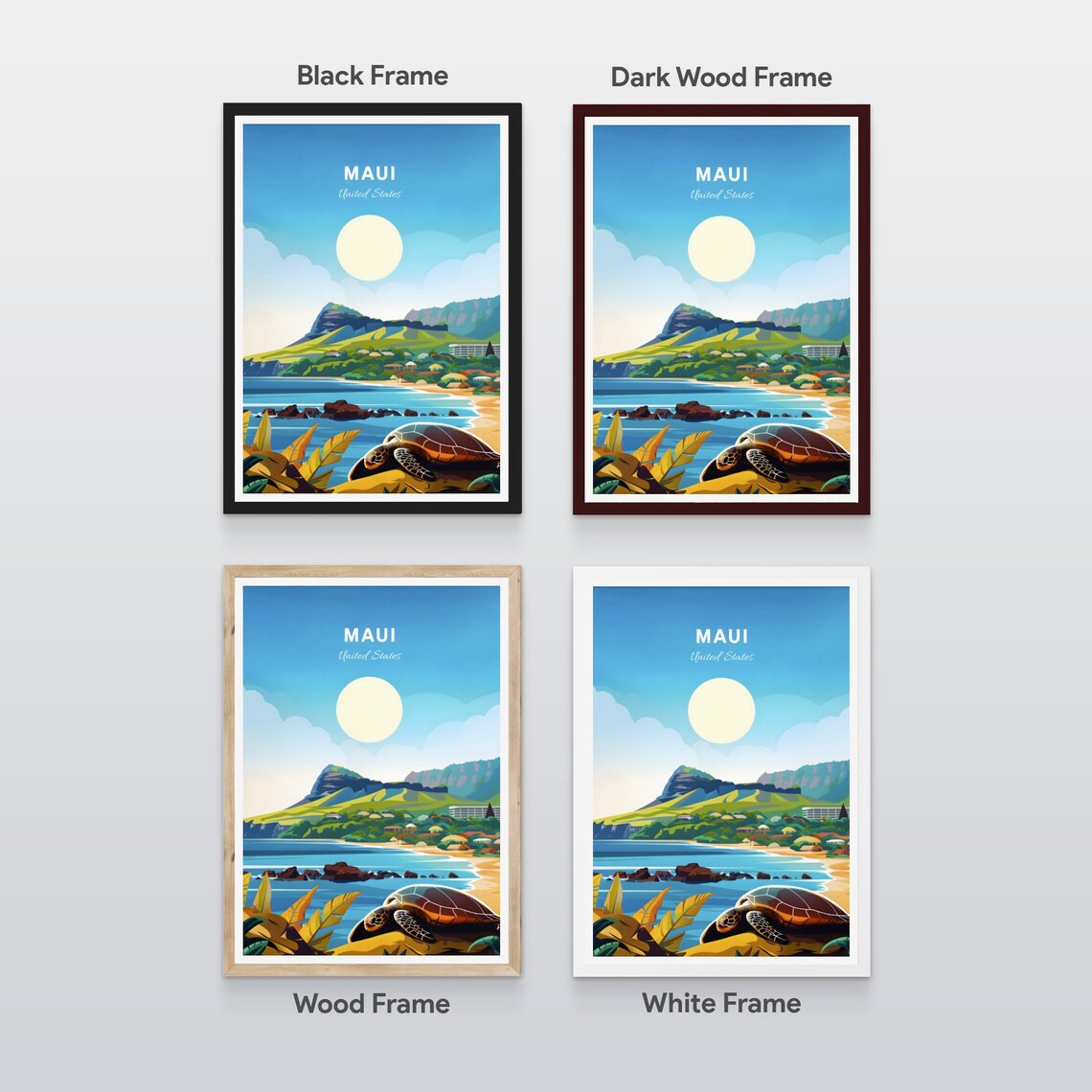 Maui Hawaii Sea Turtle Beach Mountains Sunset Travel Poster Art - Image 2