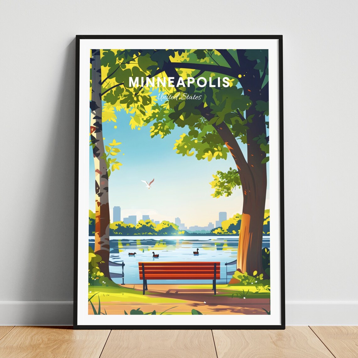 Minneapolis Lakeside Park Bench Morning Lake View Travel Poster Art