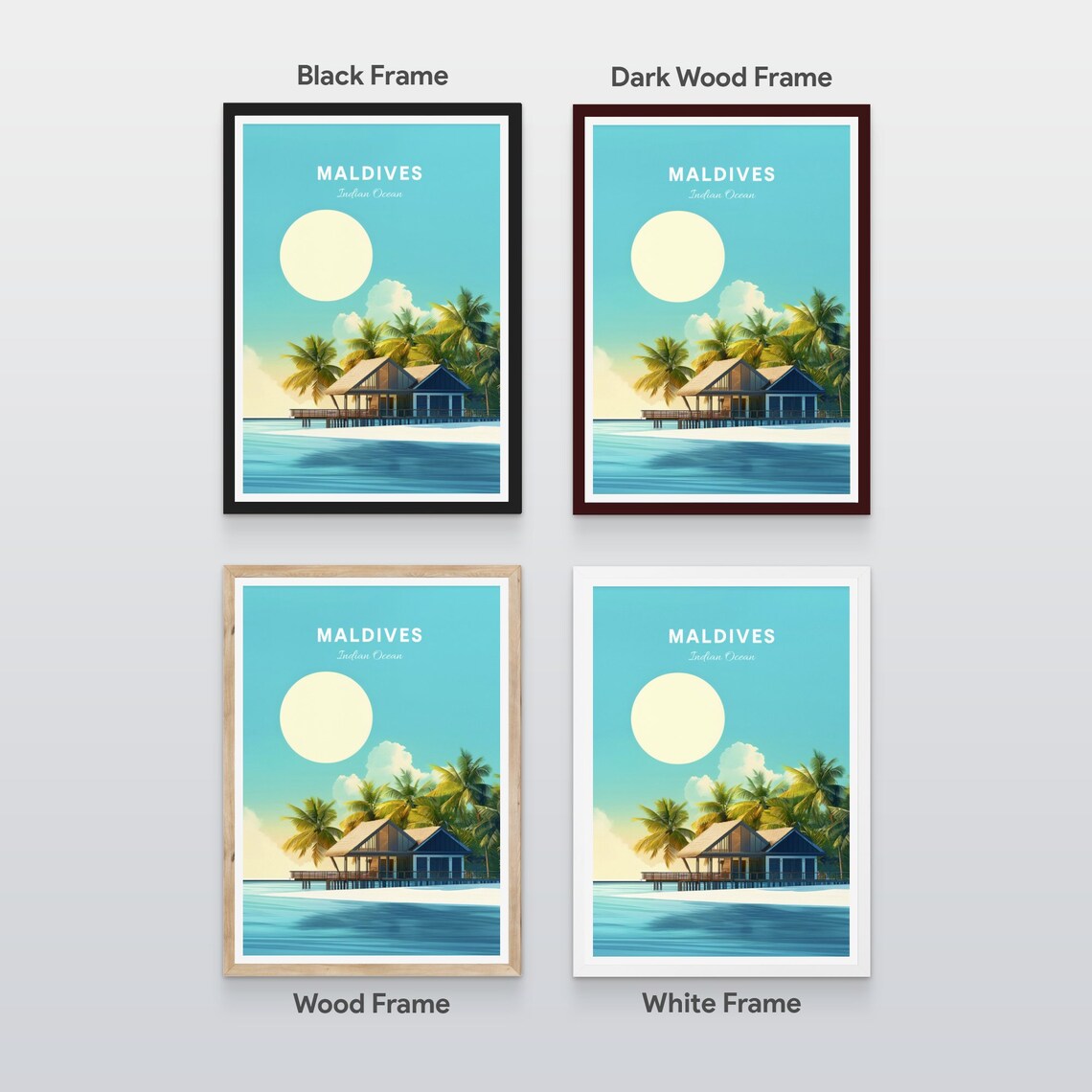Maldives Indian Ocean Overwater Bungalows Clear Water Travel Poster - Image 2