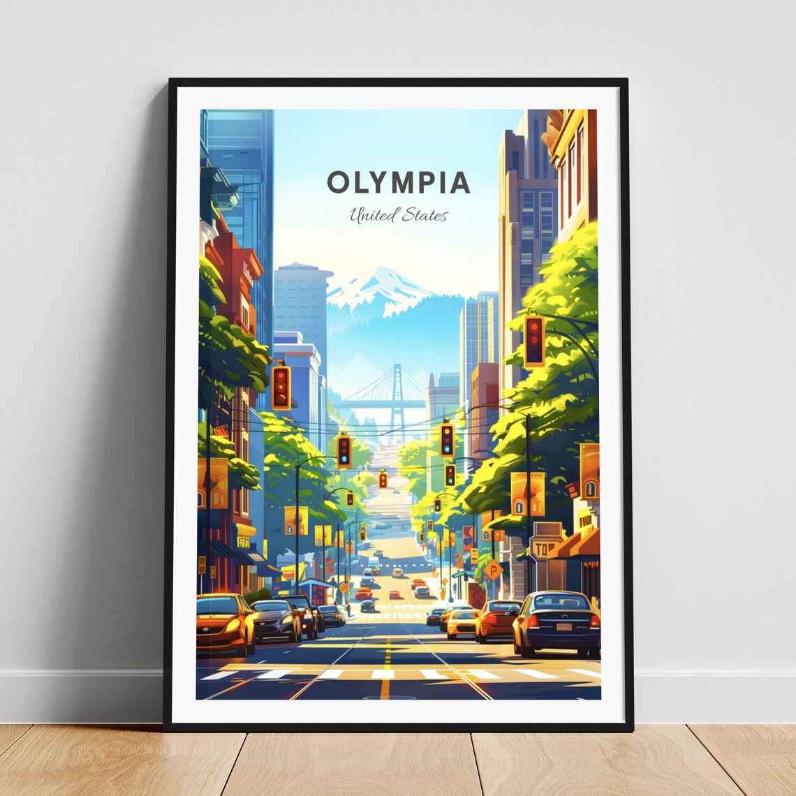 Olympia Downtown Street Mountain Bridge City View Travel Poster