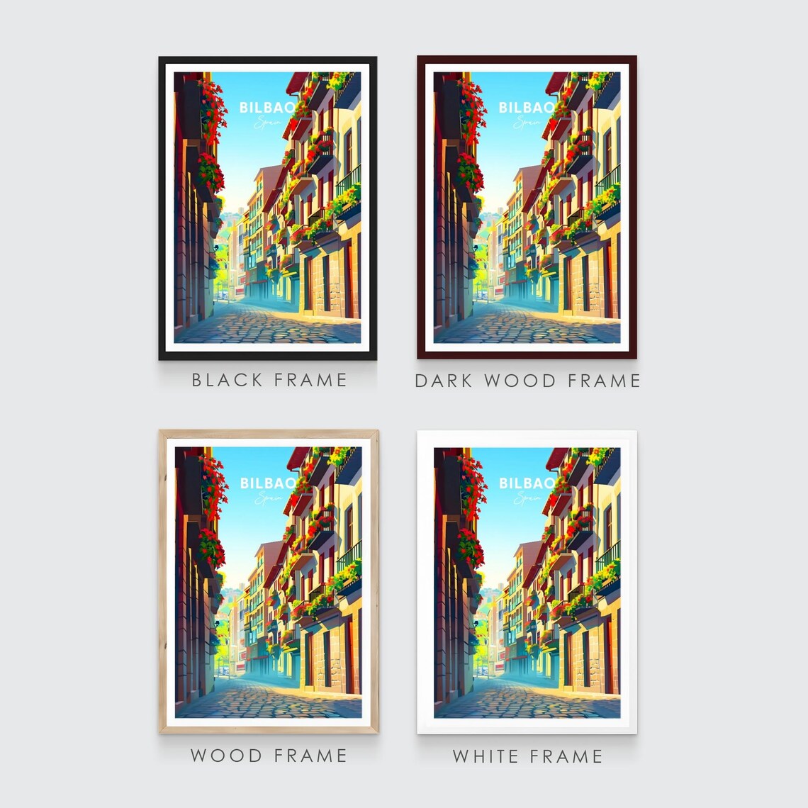 Bilbao Narrow Old Town Street Flower Balconies Sunlit Travel Poster - Image 3