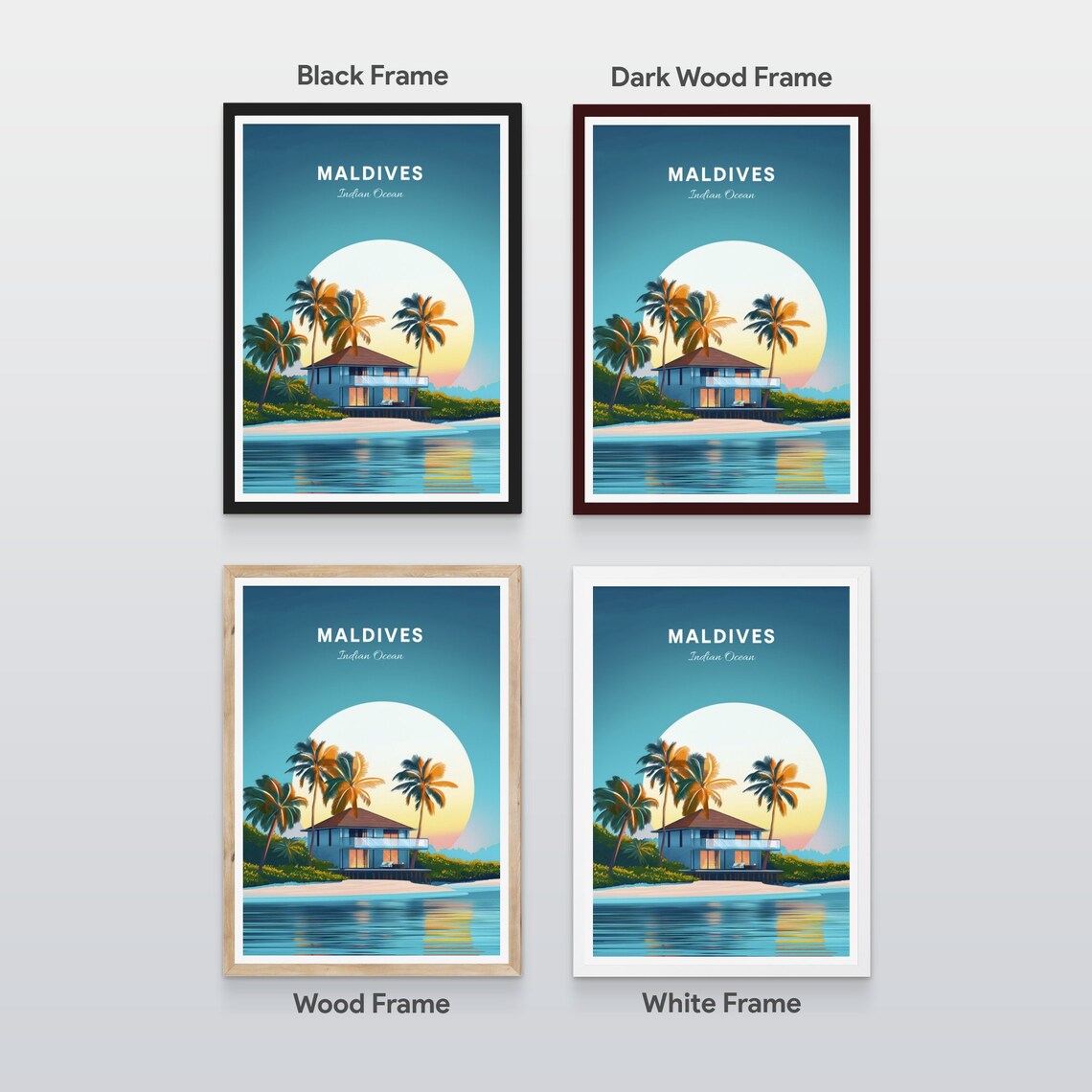 Maldives Indian Ocean Beach House Palms Sunset Villa Travel Poster - Image 2