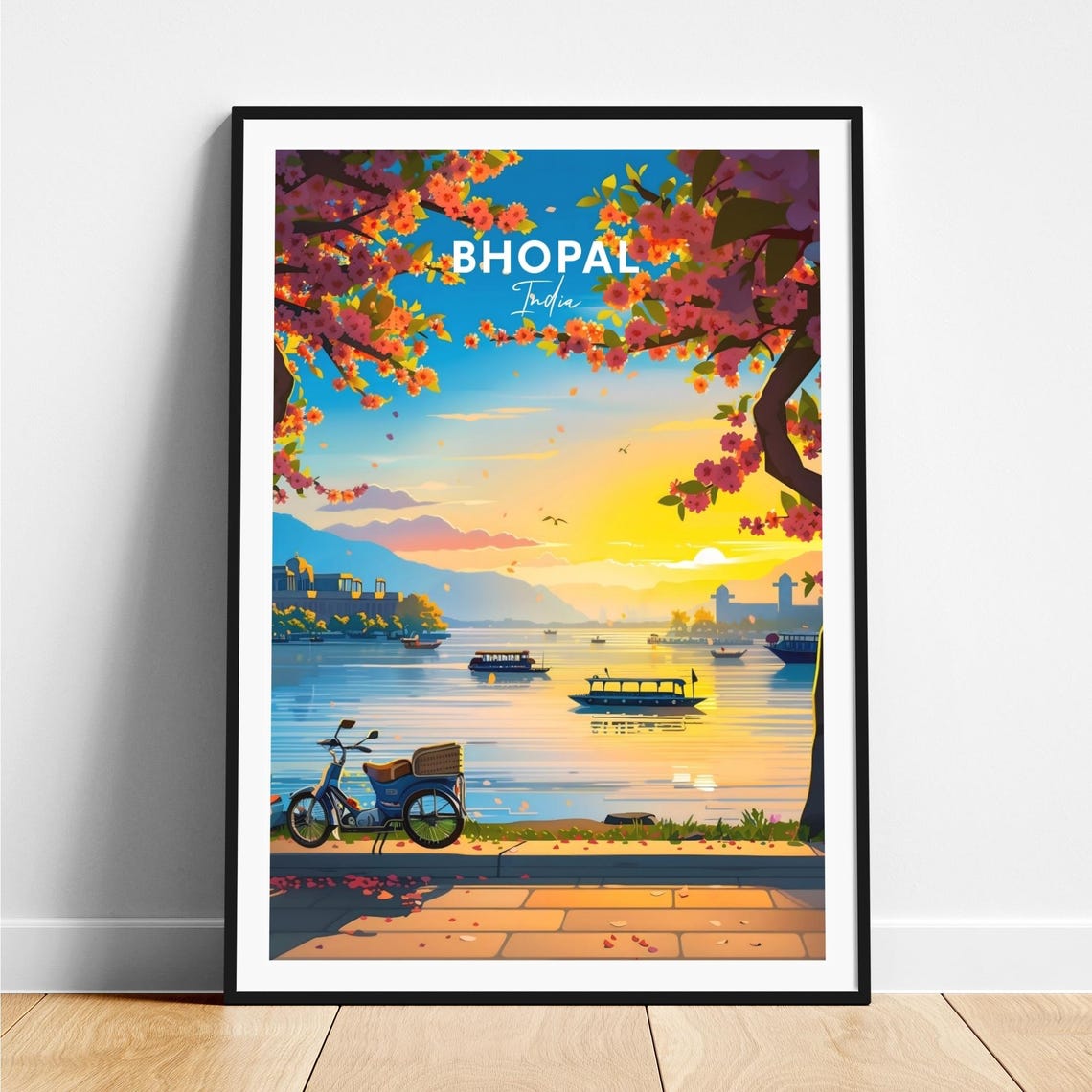 Bright Bhopal India Sunset Lake Boats Under Flowering Trees Poster
