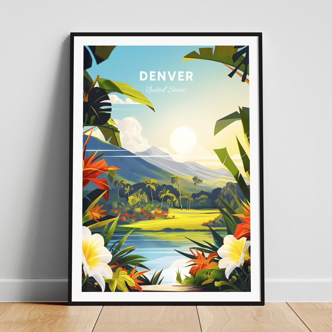 Denver Colorado Tropical Lake Palms Mountain Sunset Travel Poster