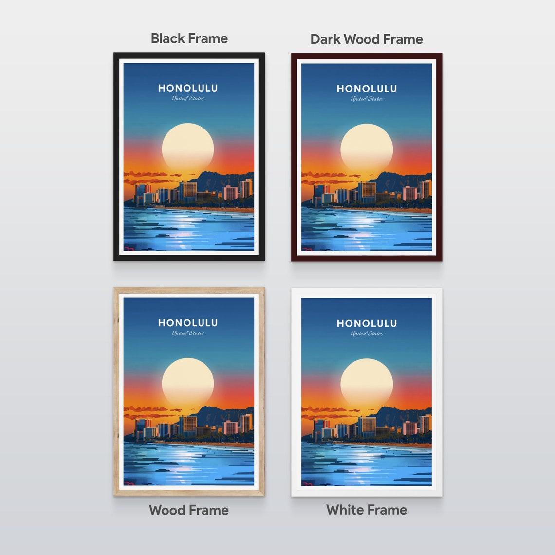 Honolulu Hawaii Waikiki Beach and Diamond Head at Sunset Poster - Image 2