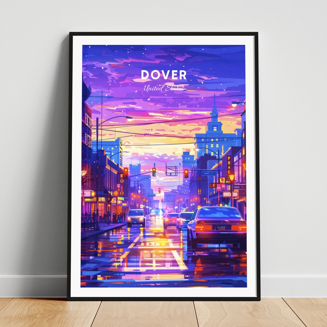Dover Delaware Neon Night Street Rain Traffic Lights Travel Poster