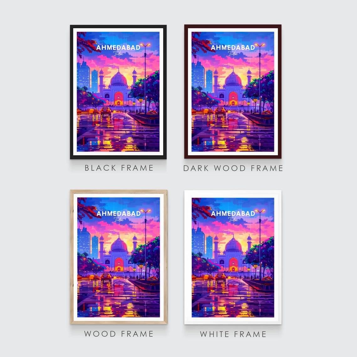 Ahmedabad Neon Night Street Rain Reflections India Travel Poster - Image 3