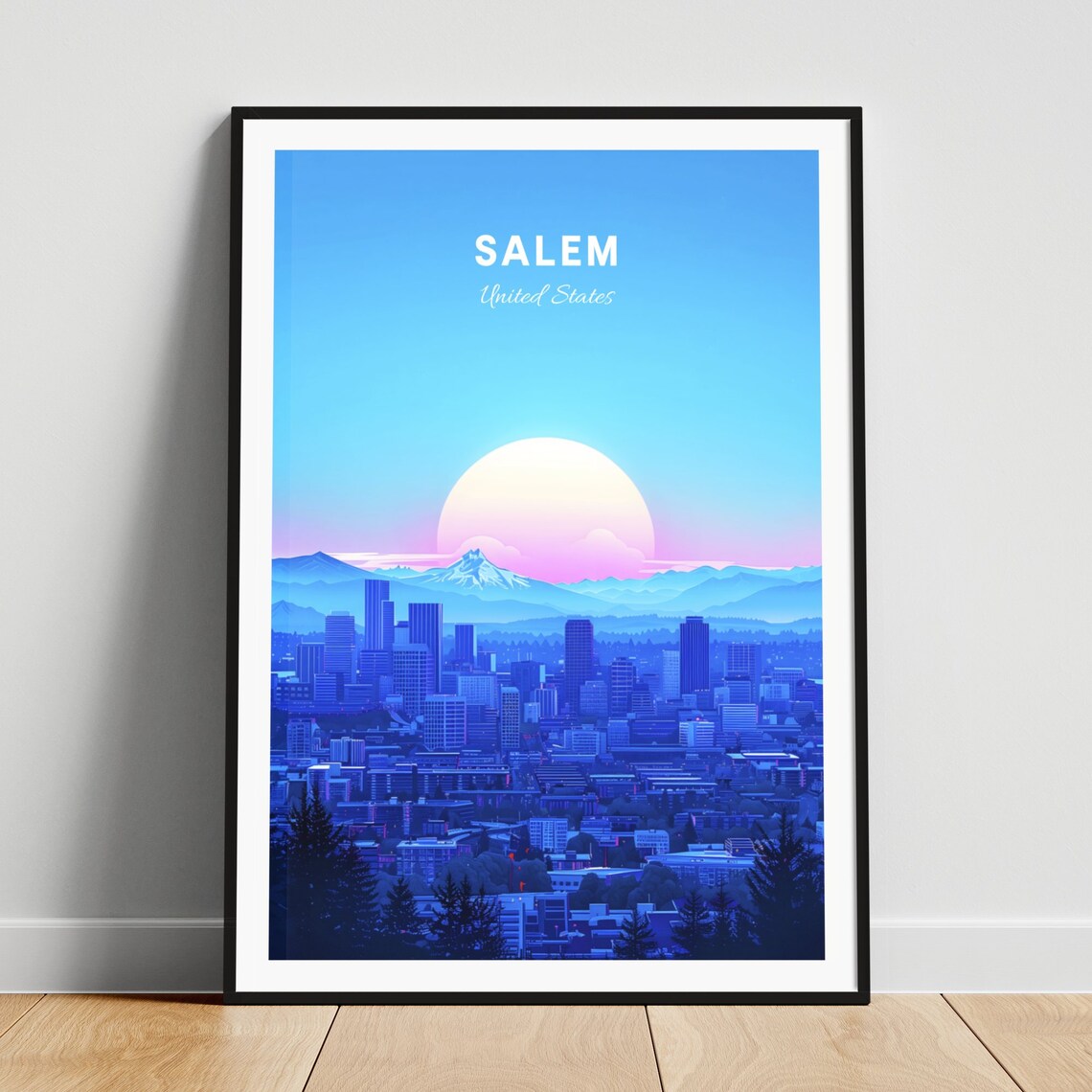 Salem United States Blue Skyline beneath a Giant Moon Poster
