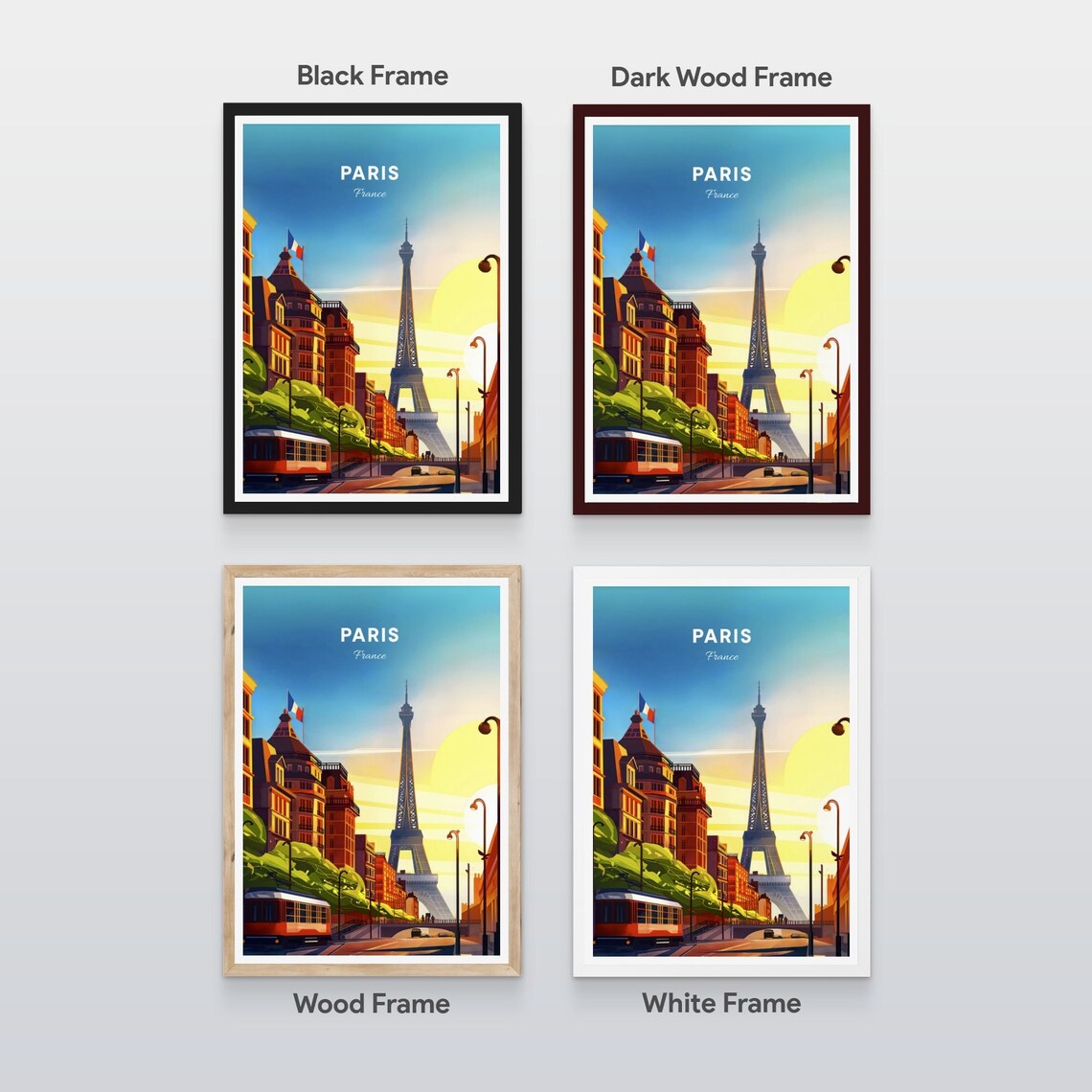 Paris France Eiffel Tower Sunset Street Tram City Lights Travel Poster - Image 2