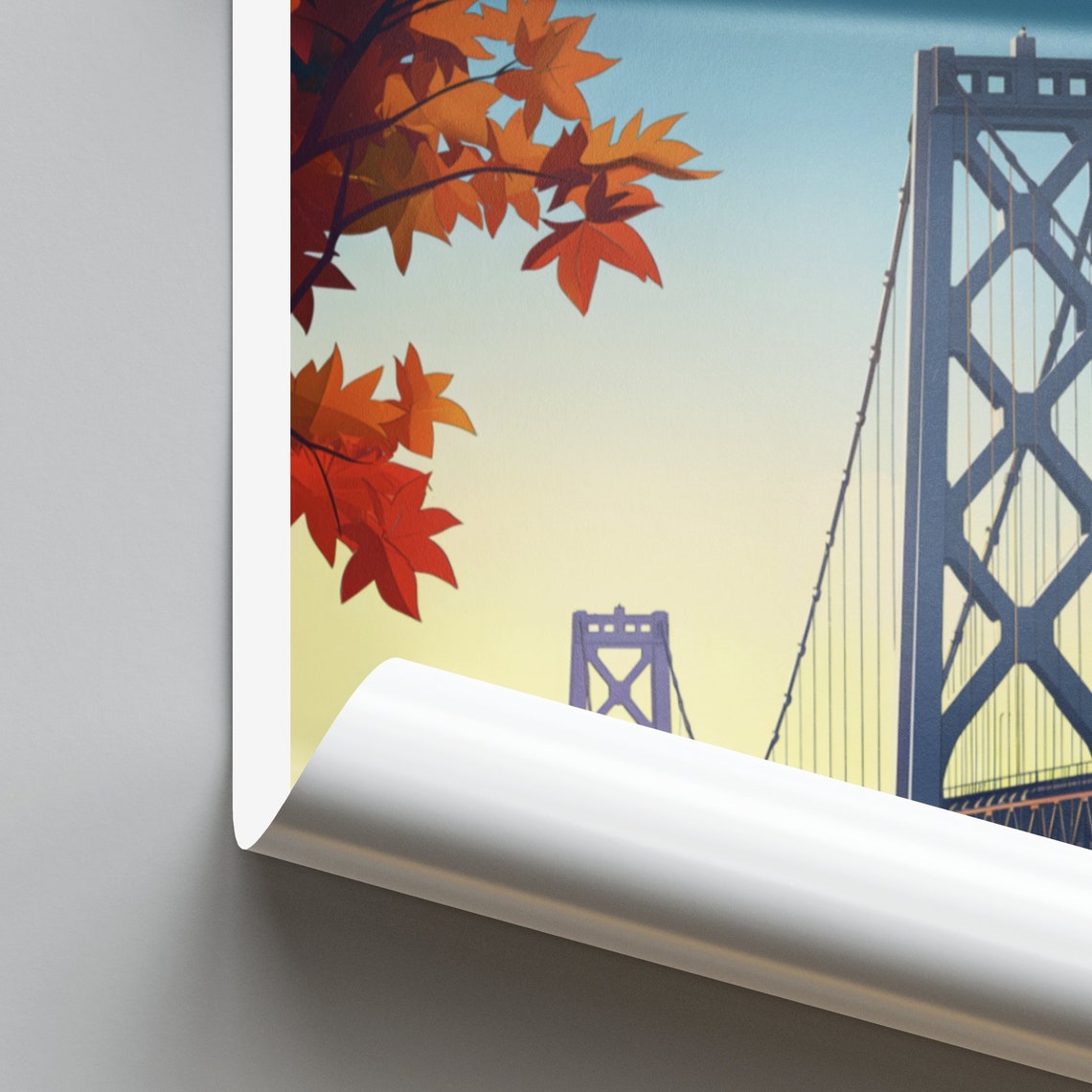 Sacramento Tower Bridge in Autumn Red Maple Leaves View Poster - Image 2