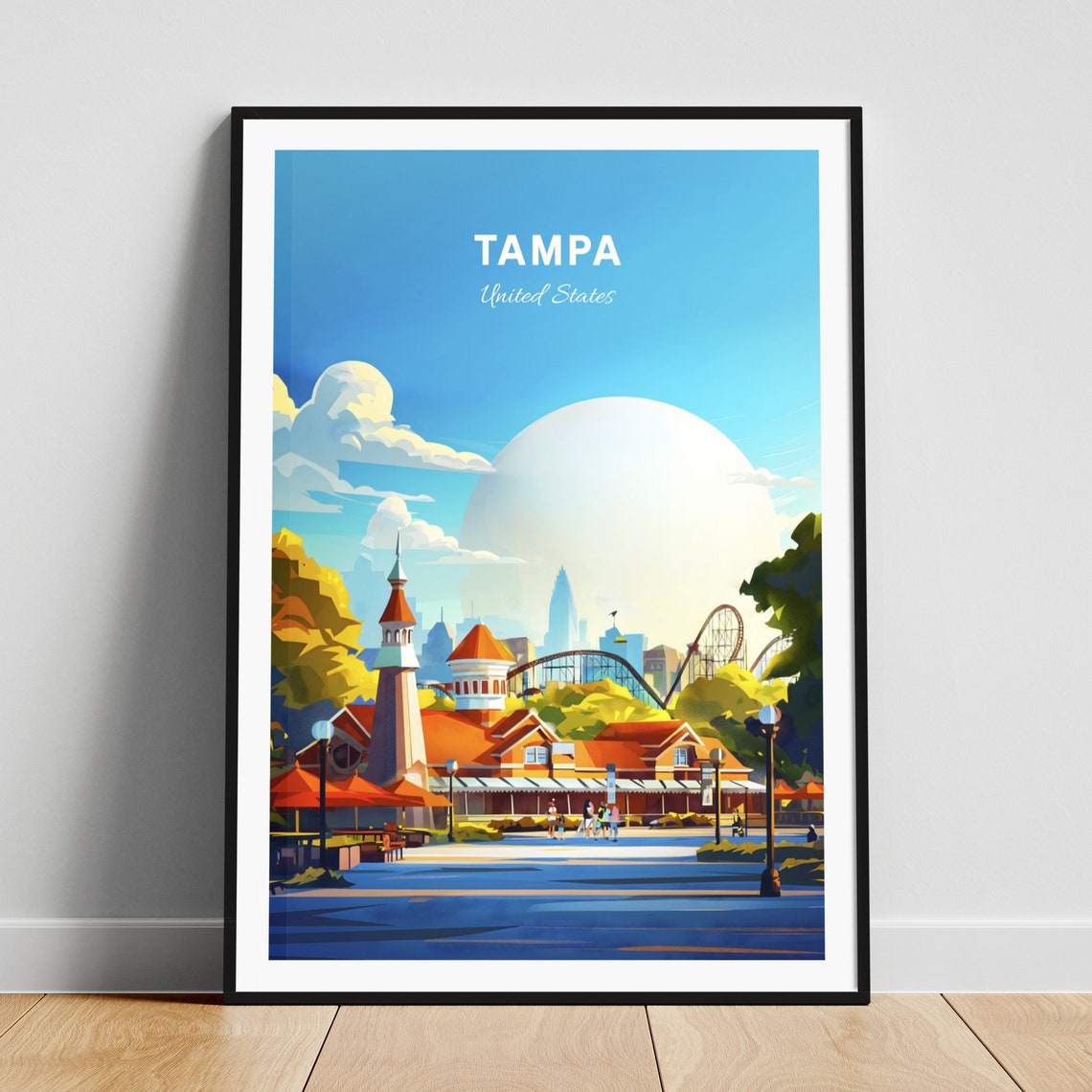 Tampa Florida Theme Park Roller Coaster Plaza Sunset Retro Poster