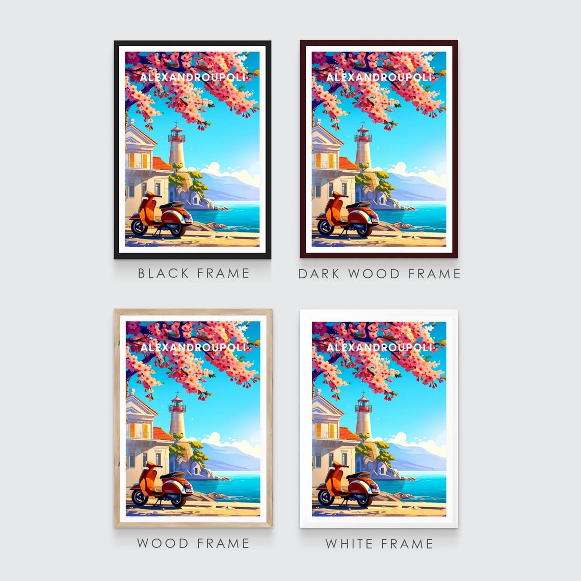 Alexandroupoli Greece Lighthouse Cherry Blossom Scooter Travel Poster - Image 3