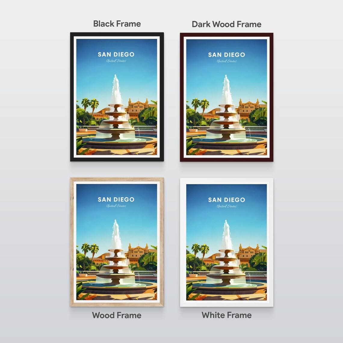 San Diego California Spanish Fountain Garden Plaza Travel Poster - Image 2