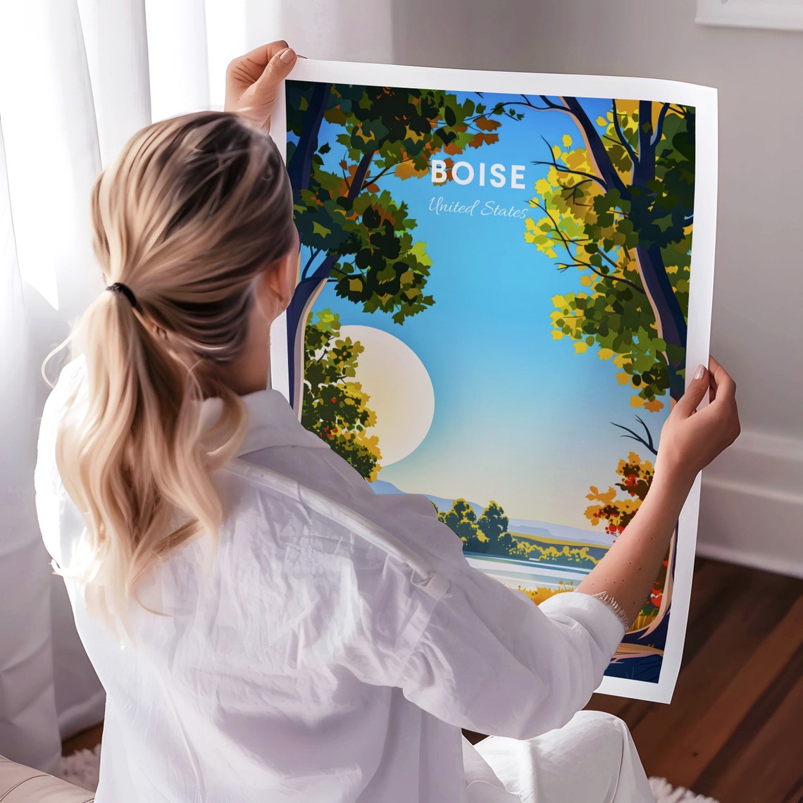 Boise Riverside Poster: Autumn Trees Framing Sunlight Over the Water - Image 3