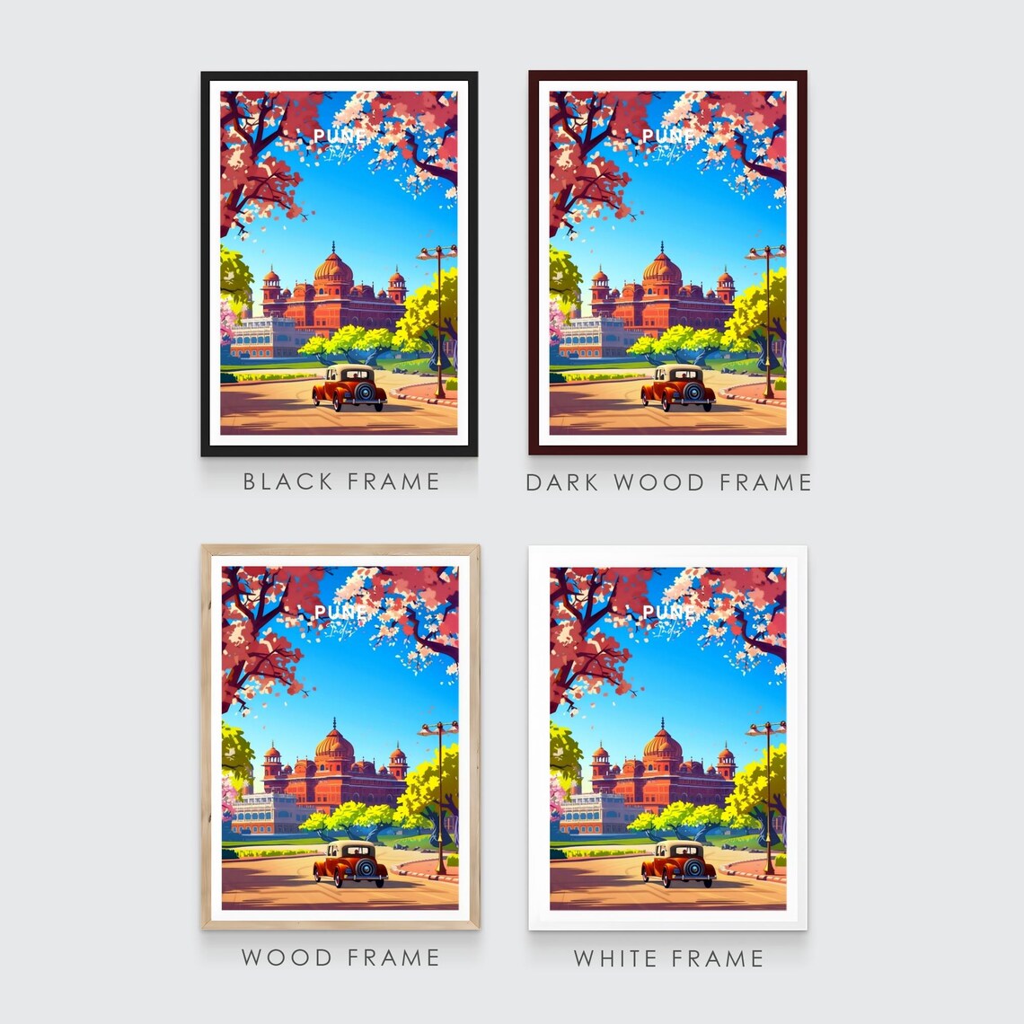 Pune Red Heritage Palace Vintage Car Blossoms India Travel Poster - Image 3