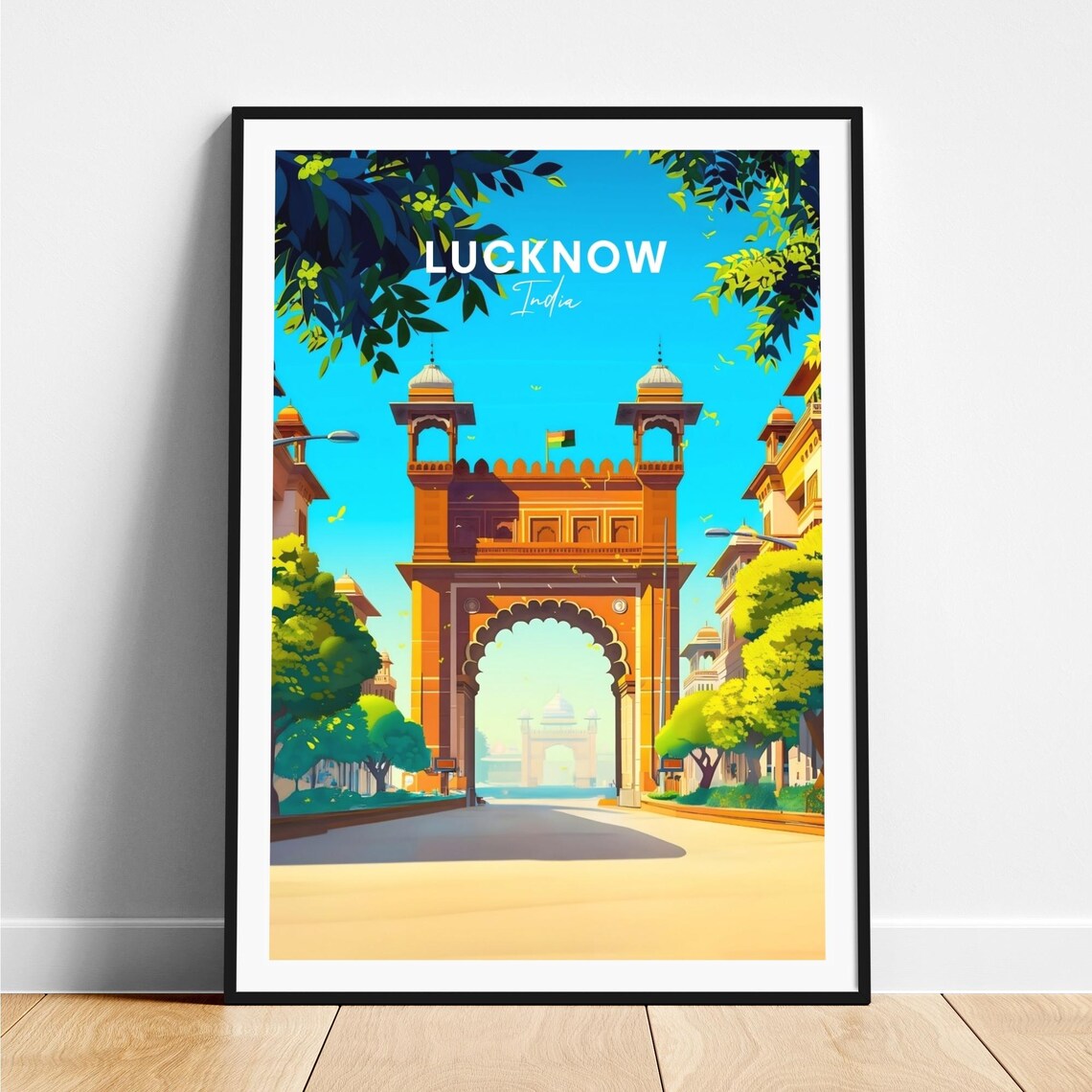 Lucknow Iconic Gateway Arch Indian Flag Street India Travel Poster