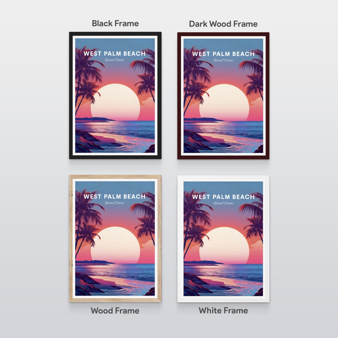 West Palm Beach Florida Palm Silhouette Ocean Sunset Travel Poster - Image 2