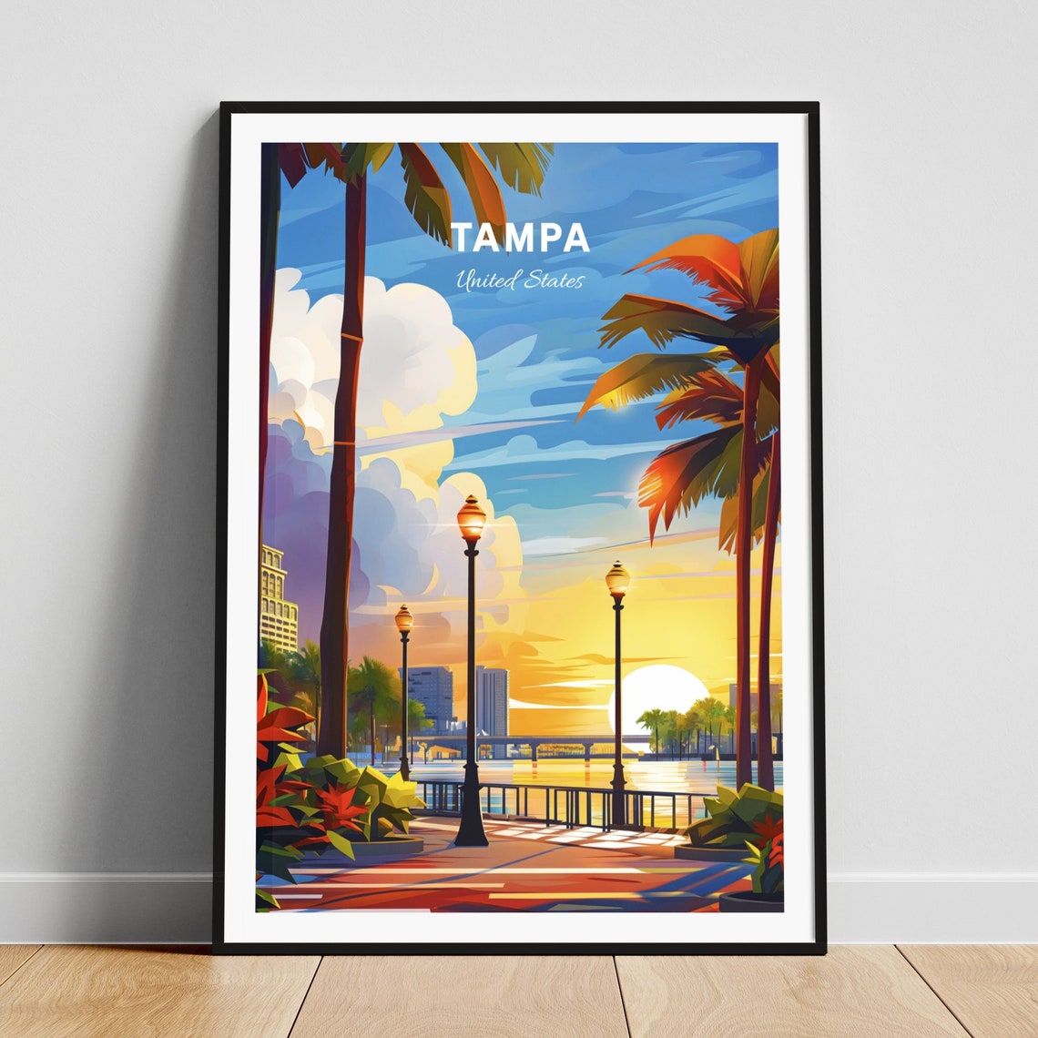 Tampa Florida Riverwalk Palm Tree Sunset Skyline Retro Poster