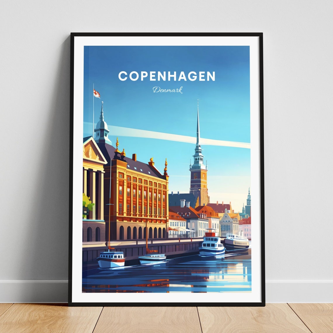 Copenhagen Denmark Harbor Boats Historic Waterfront Travel Poster