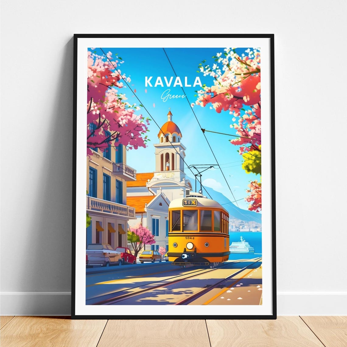 Kavala Greece Orange Tram by Clock Tower Church with Blossoms Poster