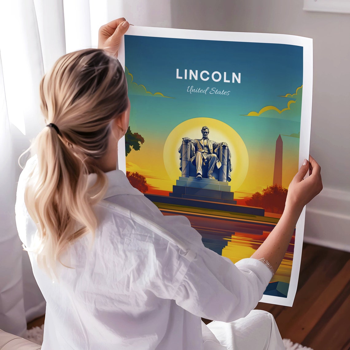 Lincoln United States Lincoln Statue Sunset Obelisk Reflection Poster - Image 3