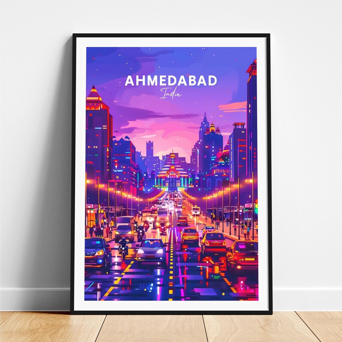 Ahmedabad India Neon Glow Night City Street Scene Travel Poster