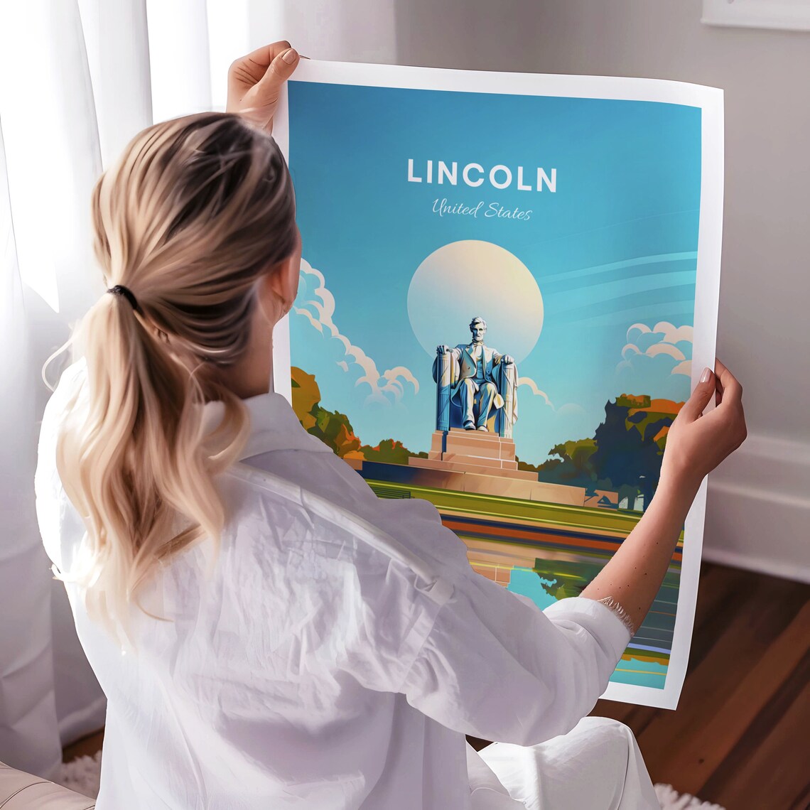 Lincoln United States Seated Lincoln Statue Daytime Lakeside Poster - Image 3
