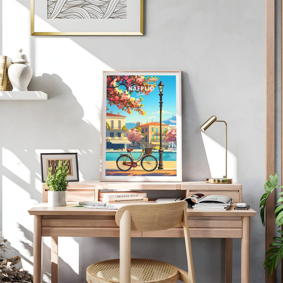 Nafplio Greece Yellow Bicycle Spring Blossom Waterfront Travel Poster - Image 4