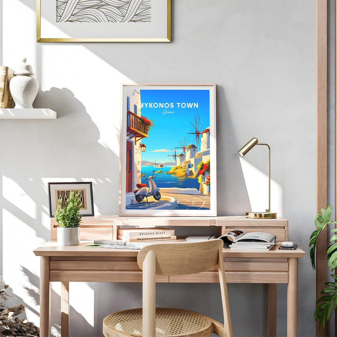 Mykonos Town Greece Windmills Scooter Blue Sea Travel Poster - Image 4
