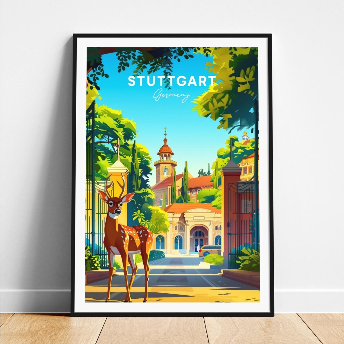 Stuttgart Autumn Deer Park Palace Garden Germany Travel Poster