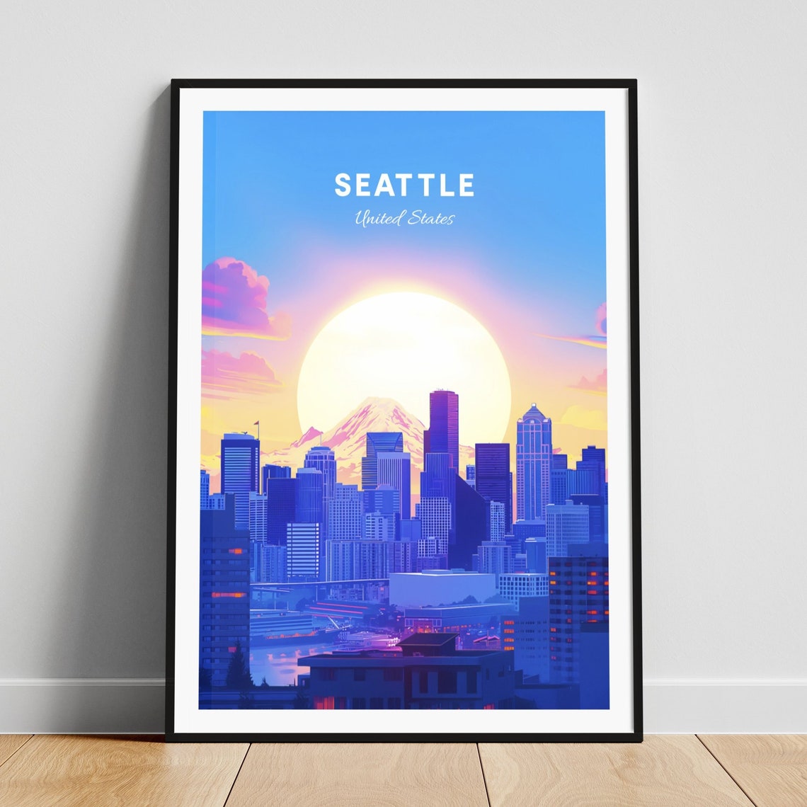 Seattle Skyline Sunrise Giant Sun Mount Rainier Vintage Travel Poster
