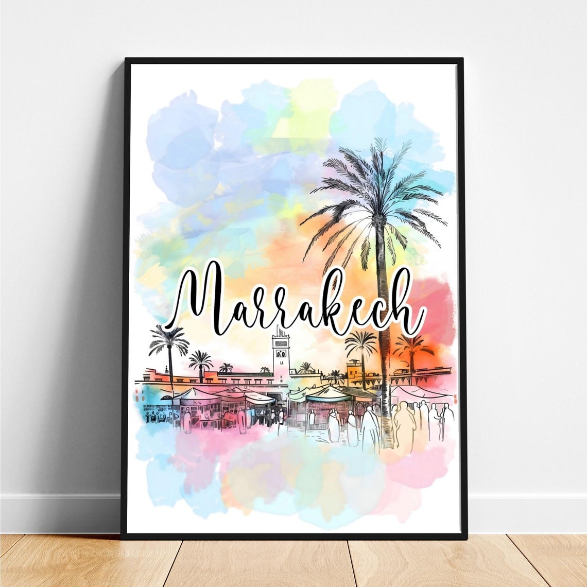 Marrakech Market Square Palms Watercolor Script Lettering Poster