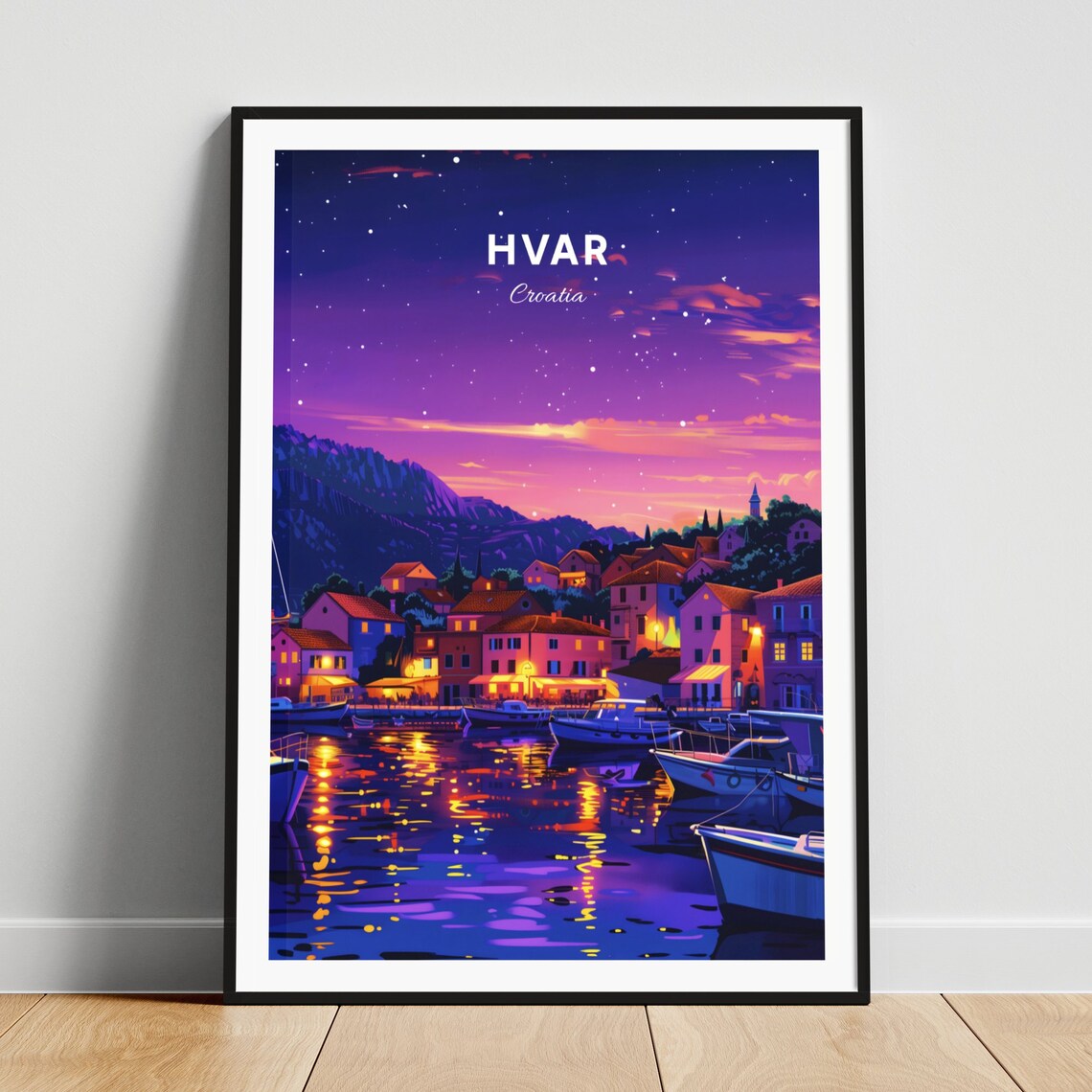 Hvar Croatia Magical Starry Night Harbor Boats Travel Poster