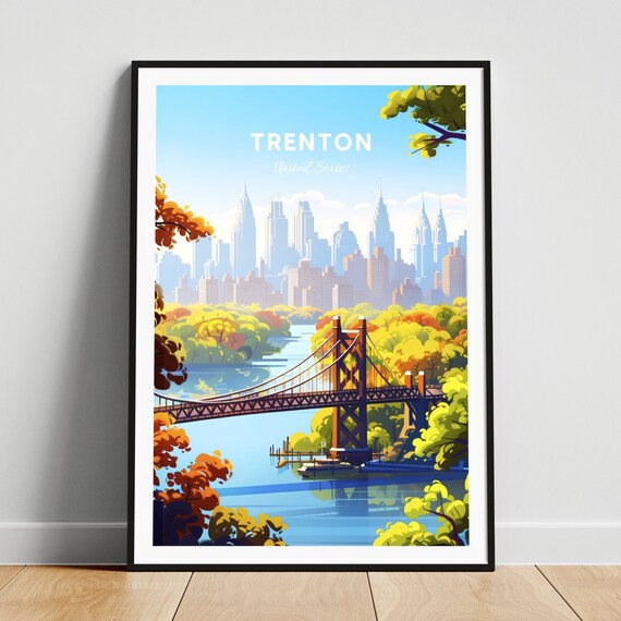 Trenton New Jersey Autumn Bridge River Skyline Travel Poster