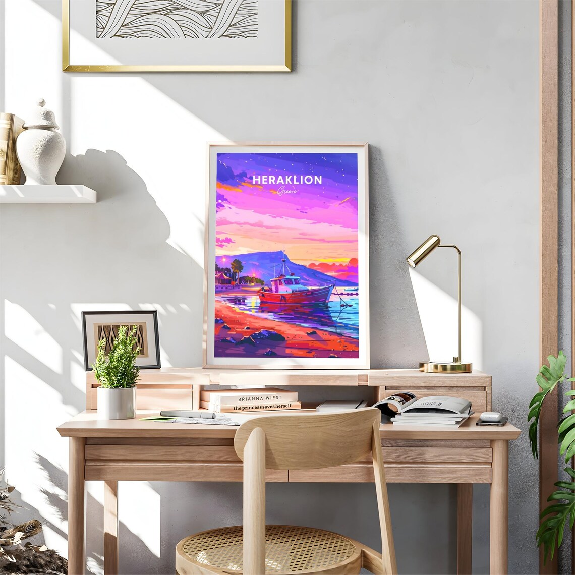 Heraklion Greece Fishing Boat Sunset Harbor Travel Art Poster - Image 4