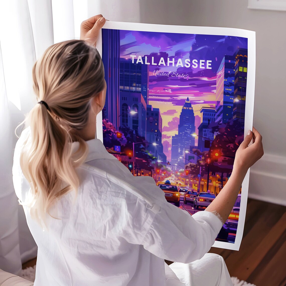 Tallahassee Florida Neon Purple Night Street City Travel Poster - Image 3