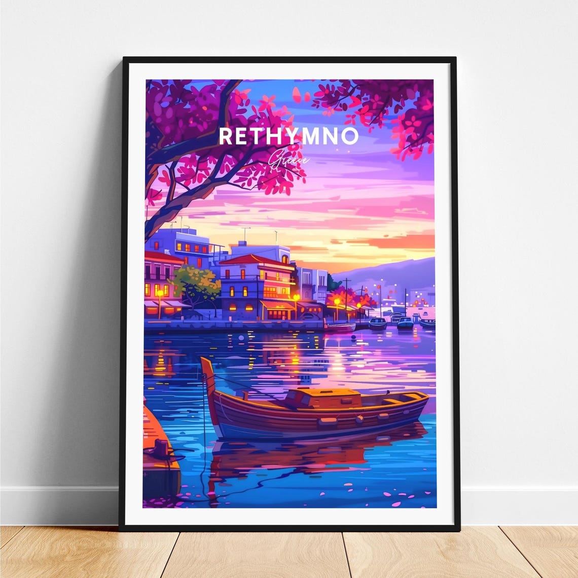 Rethymno Greece Harbor Dusk Boats Blossom Tree Evening Poster