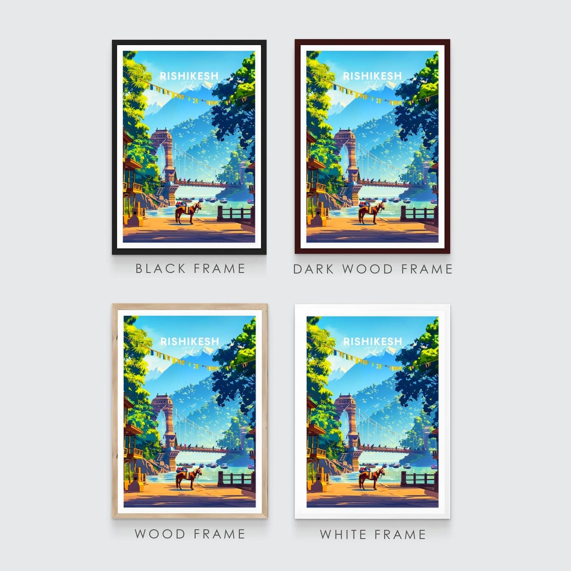 Rishikesh Suspension Bridge Horse Boats Prayer Flags Travel Poster - Image 3