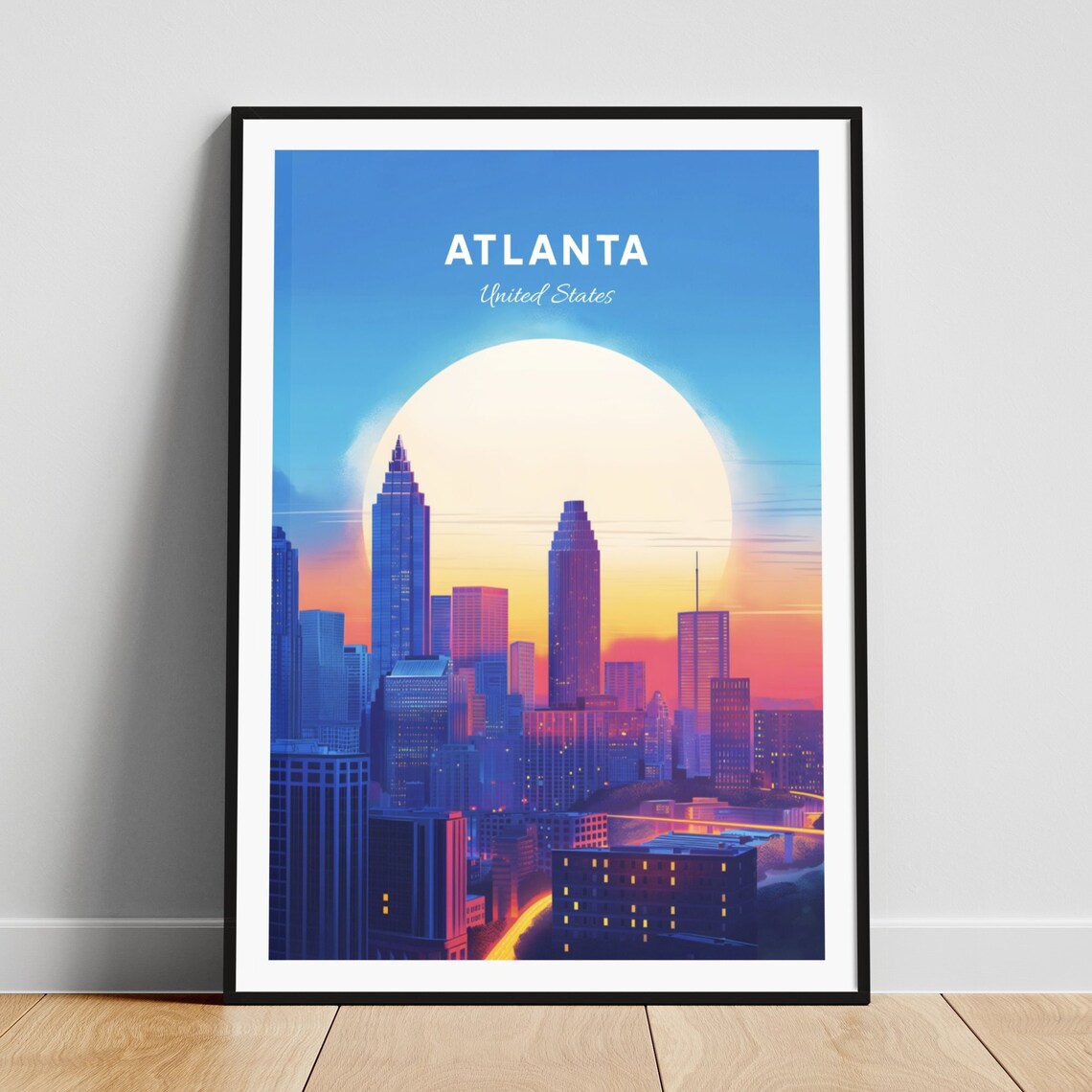 Atlanta Georgia Skyline Sunset City Travel Poster With Giant Sun