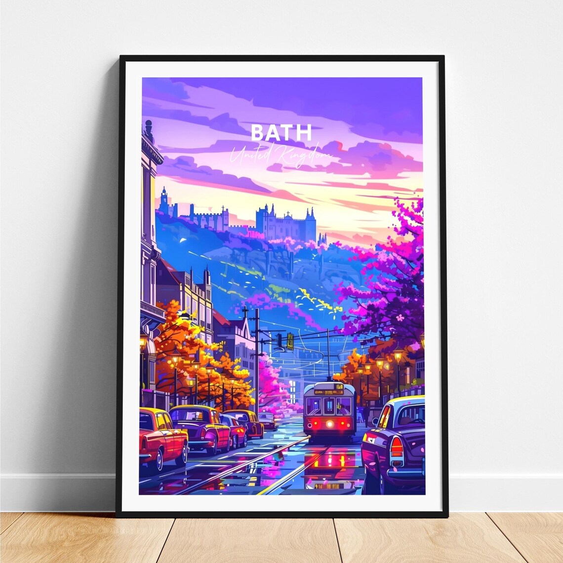 Bath England Neon Street Sunset Vintage Cars Abbey Travel Poster