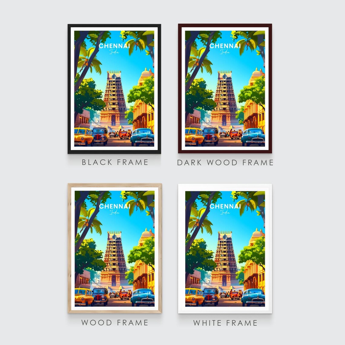 Chennai India Temple Tower Street Vintage Cars Travel Poster - Image 3