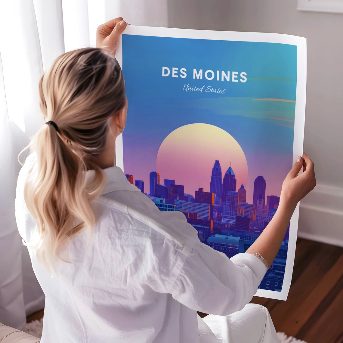 Des Moines Downtown Skyline Under Large Rising Sun Travel Poster - Image 3