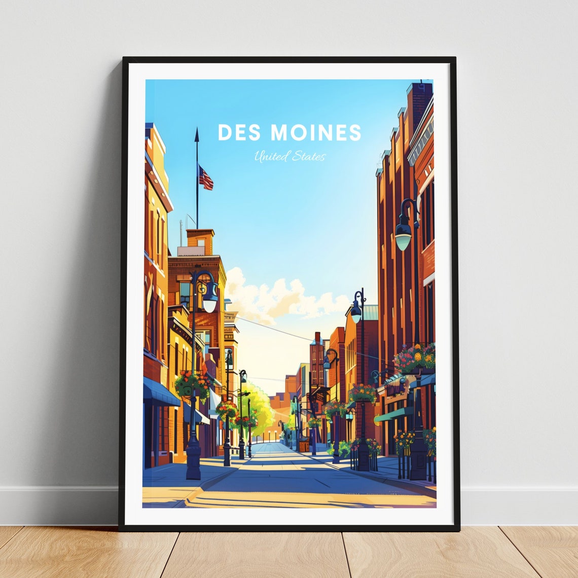Des Moines Historic Brick Street With American Flag View Travel Poster