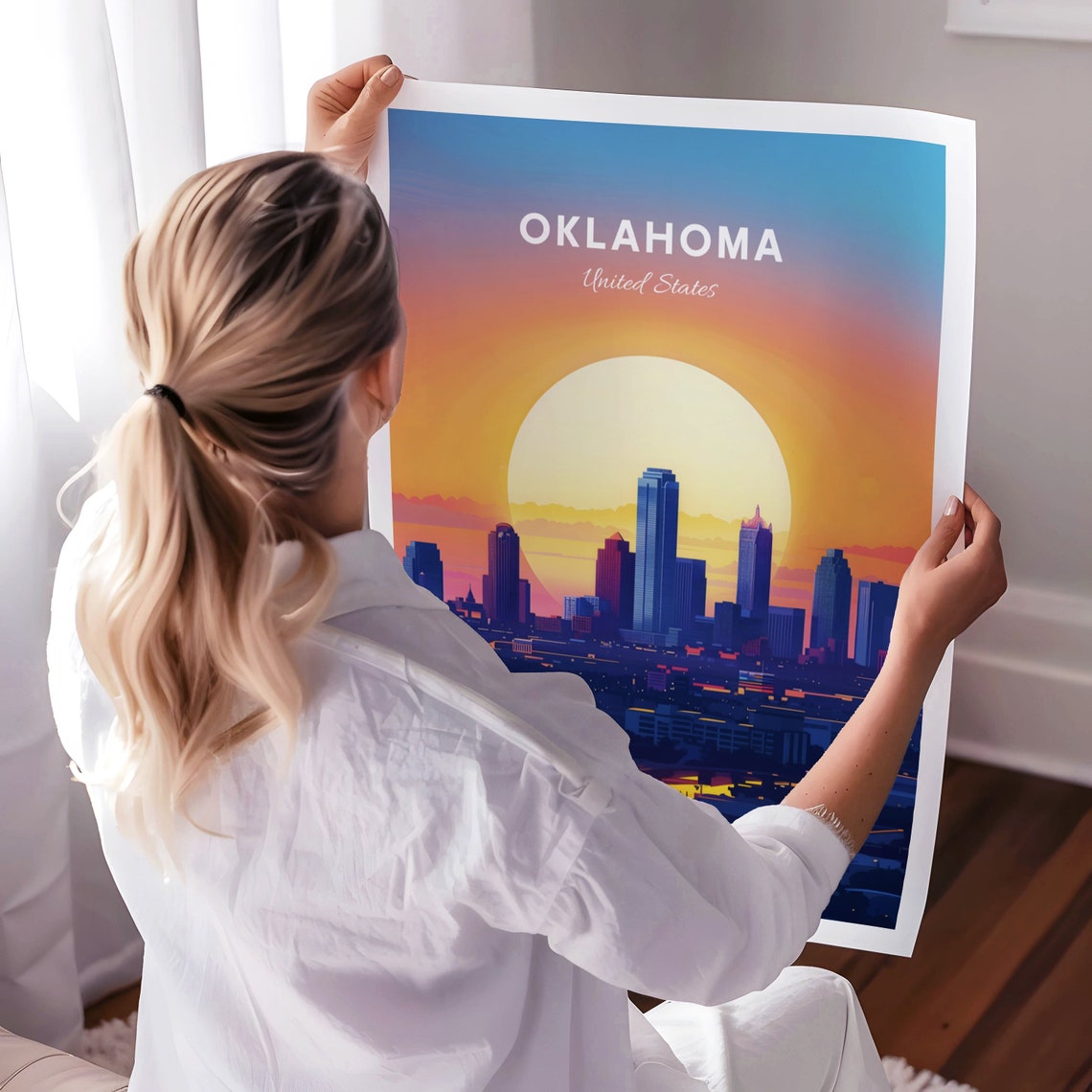 Oklahoma Sunset Skyline River Bridge Orange Sky Glow Travel Poster - Image 3