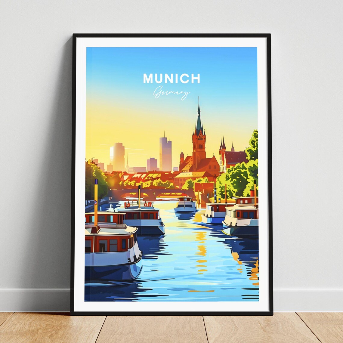 Munich Germany River Sunrise Boats Church Spire Golden Travel Poster