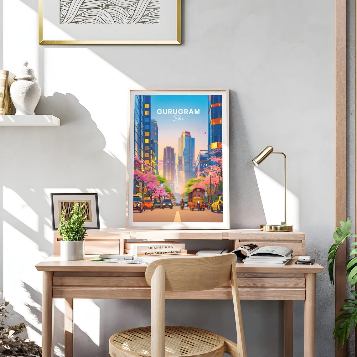Gurugram India Modern Glass Skyscraper Street Tuk Tuks Travel Poster - Image 4
